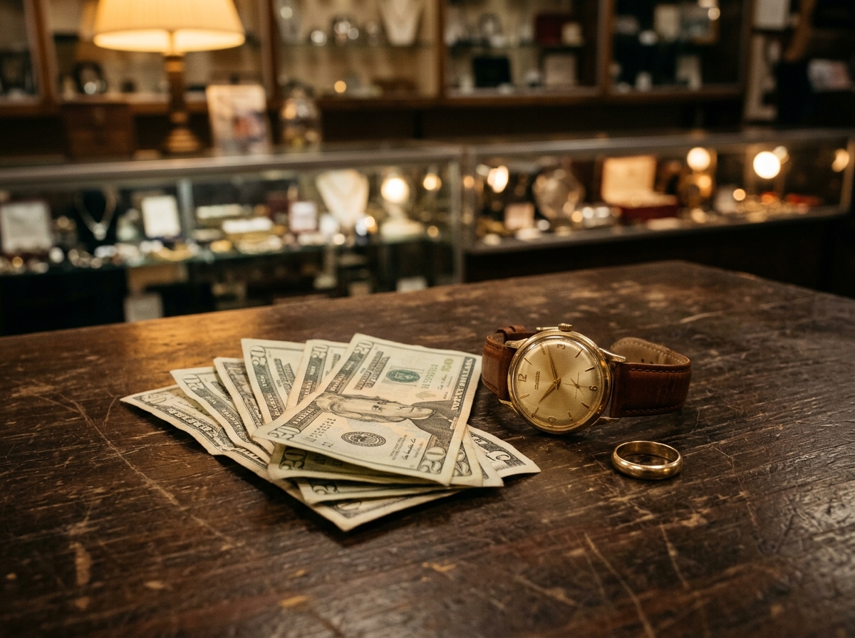 Cash and a gold watch on a wooden pawn counter