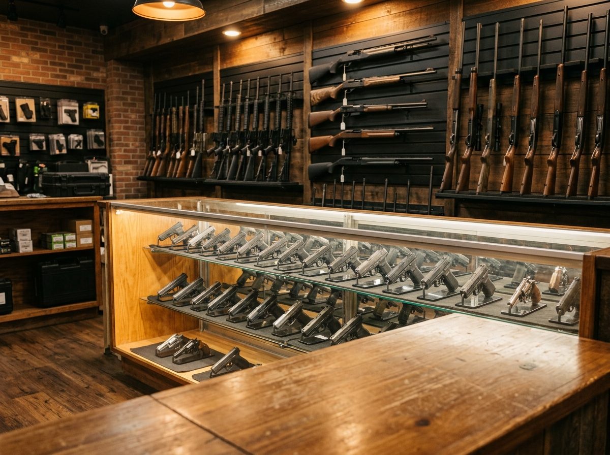 Handguns in a lit glass case with rifles racked behind