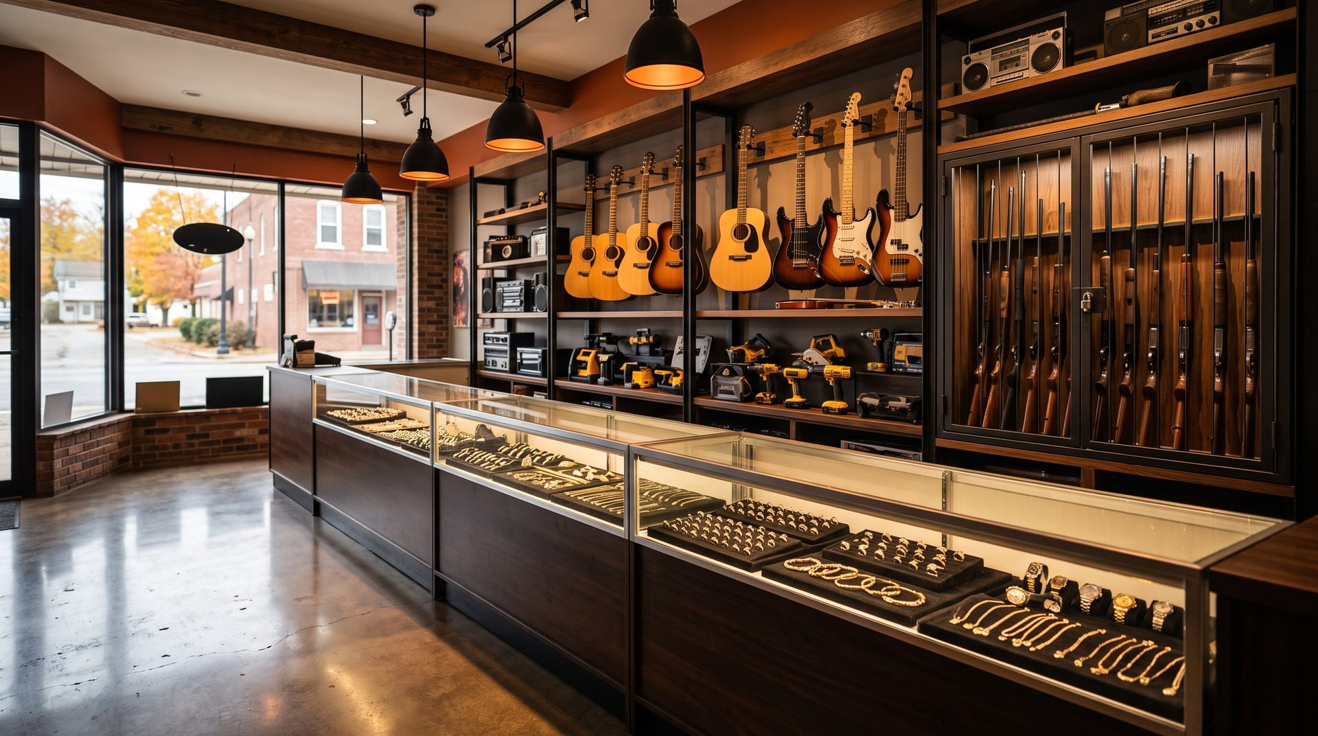 The shop floor: display cases, guitars, tools and the gun rack