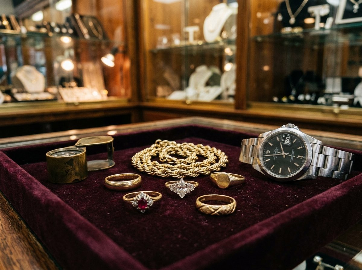 Gold rings, a rope chain and a watch on a velvet tray