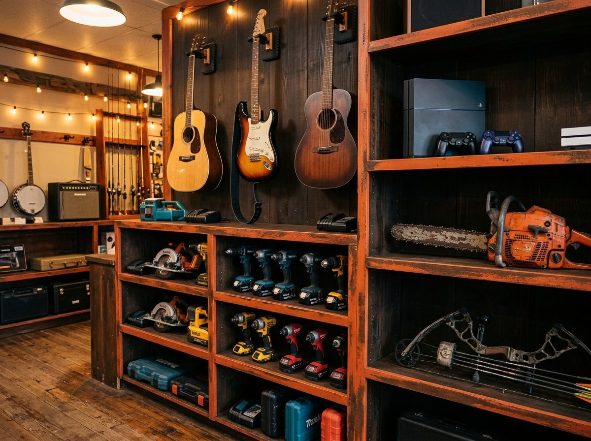 Power tools, guitars and a game console on pawn shop shelves